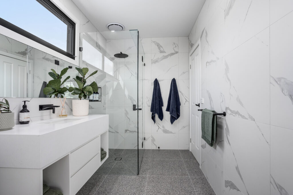 modern bathroom extension armadale calacutta tiles frameless shower screen